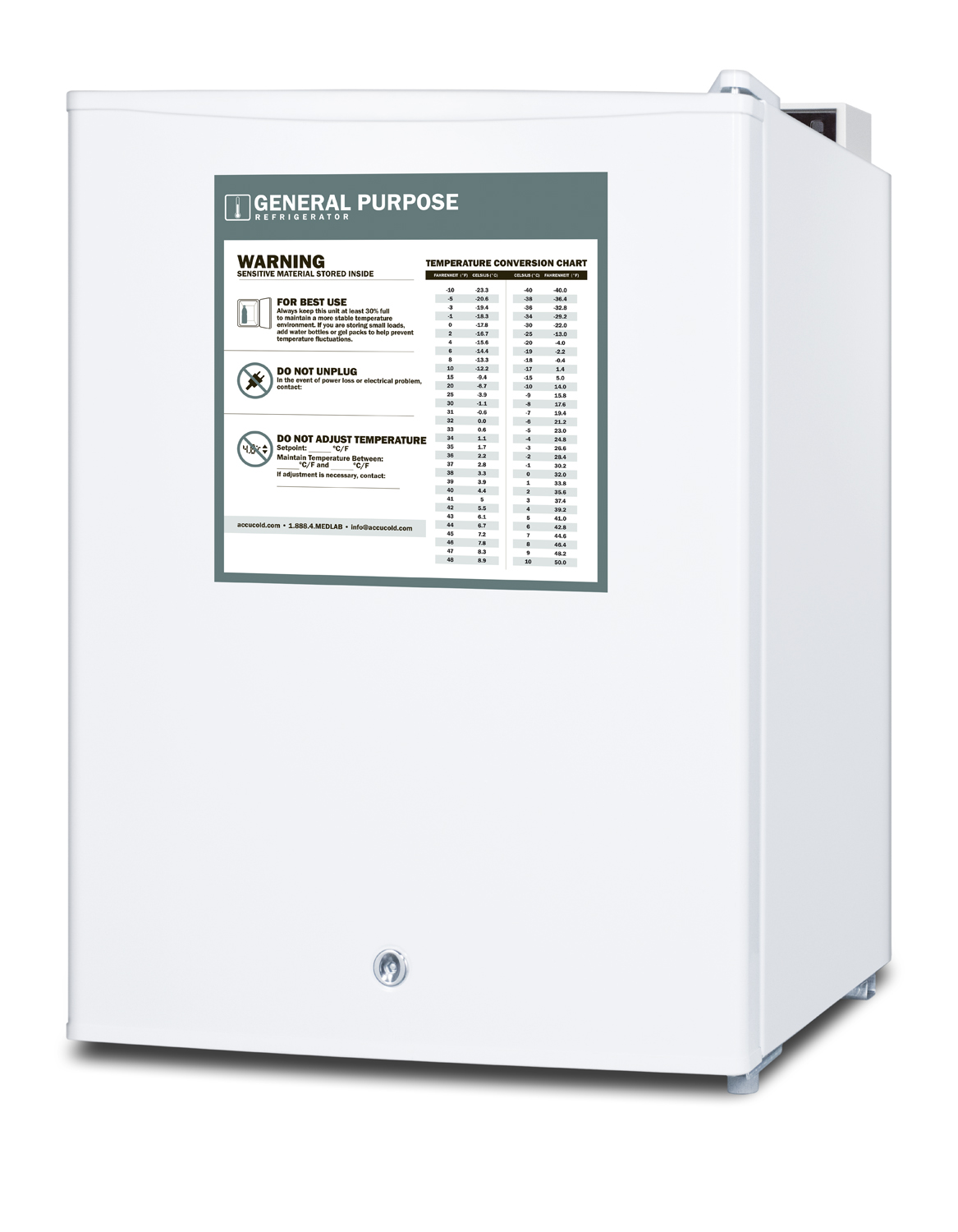 Compact general purpose all-refrigerator with automatic defrost, front-mounted lock, and white finish